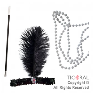 SET CHARLESTON VINCHA LENTEJUELA CON PLUMA BOQUILLA Y COLLAR x 1